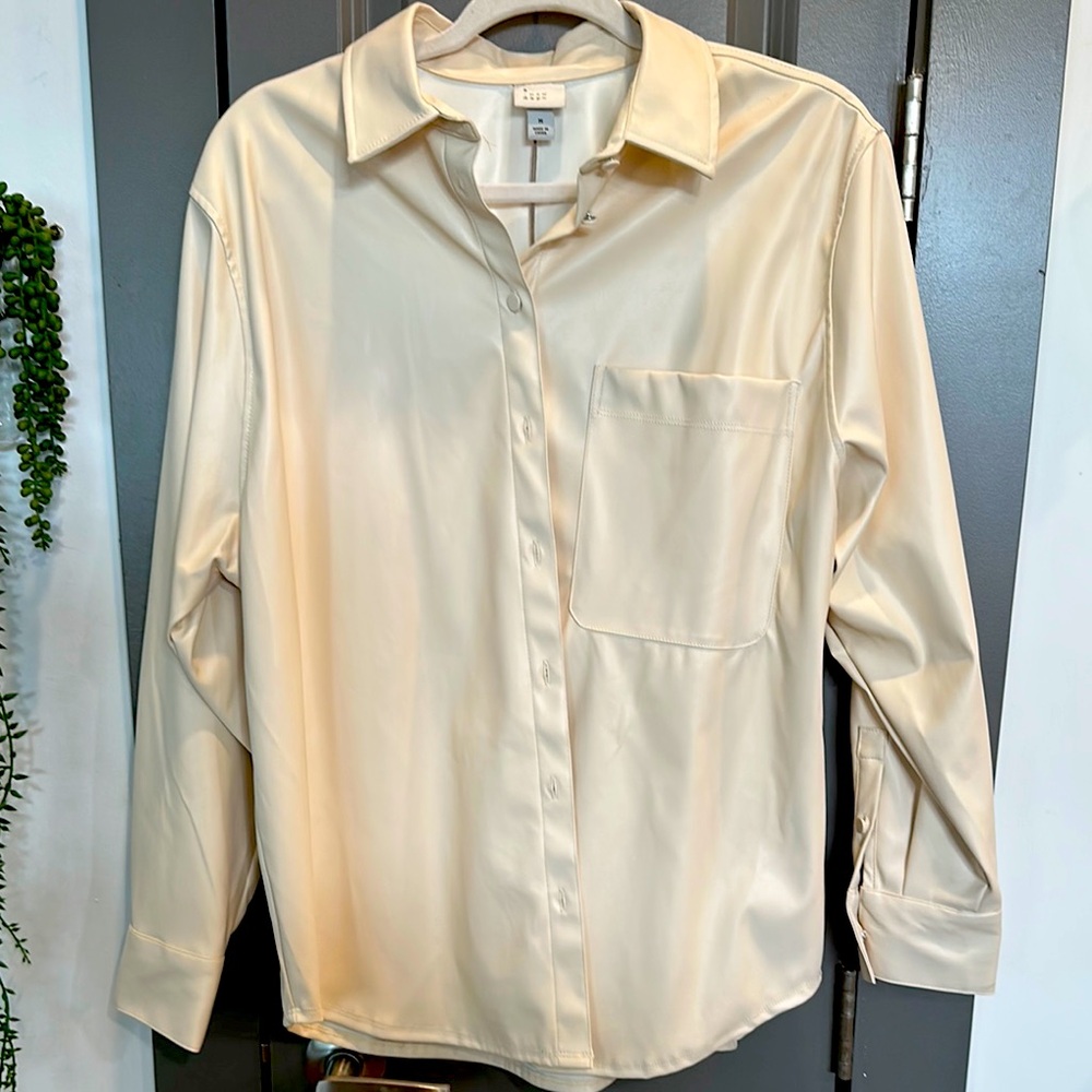 A New Day leather(fake) buttonndown long sleeve beige shirt